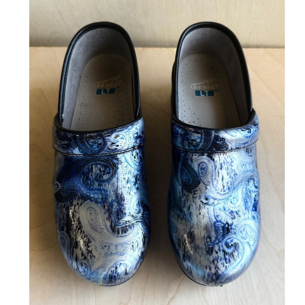 Dansko Womens 40 Blue Paisley LT Pro Patent Leather Clogs Professional Nursing